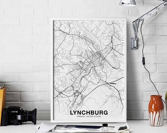 LYNCHBURG Virginia VA USA map poster black white Hometown City Print Modern Home Decor Office Decoration Wall Art Dorm Bedroom Gift