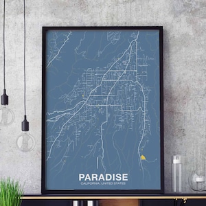 PARADISE California CA USA map poster color Hometown City Print Modern Home Decor Office Decoration Wall Art Dorm Bedroom Gift