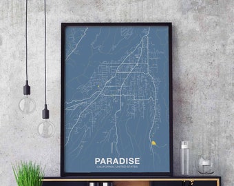 PARADISE California CA USA map poster color Hometown City Print Modern Home Decor Office Decoration Wall Art Dorm Bedroom Gift