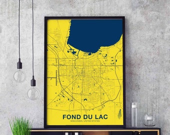 FOND DU LAC Wisconsin wi usa map poster color Hometown City Print Modern Home Decor Office Decoration Wall Art Dorm Bedroom Gift