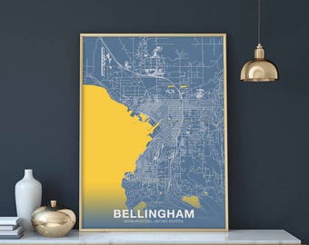 BELLINGHAM Washington WA US map poster color Hometown City Print Modern Home Decor Office Decoration Wall Art Dorm Bedroom Gift
