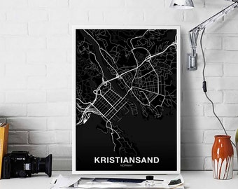 KRISTIANSAND Norway map poster black white Hometown City Print Modern Home Decor Office Decoration Wall Art Dorm Bedroom Gift