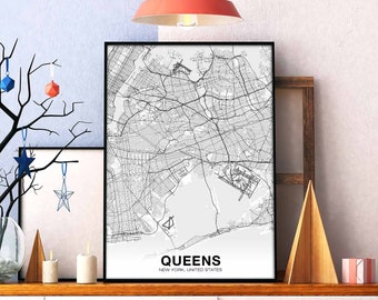 QUEENS New York NY US map poster black white Hometown City Print Modern Home Decor Office Decoration Wall Art Dorm Bedroom Gift