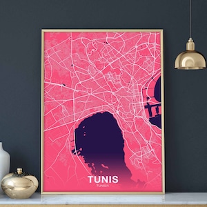 TUNIS tunisie carte affiche couleur ville natale ville impression moderne décor à la maison bureau décoration mur art dortoir chambre cadeau