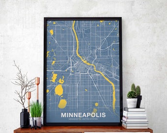 MINNEAPOLIS Minnesota MN USA map poster color Hometown City Print Modern Home Decor Office Decoration Wall Art Dorm Bedroom Gift