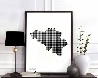 BELGIUM minimal dots retro map poster black white wall decor design modern swiss scandinavian nordic housewarming travel bedroom
