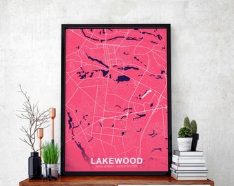 LAKEWOOD New Jersey NJ USA map poster color Hometown City Print Modern Home Decor Office Decoration Wall Art Dorm Bedroom Gift