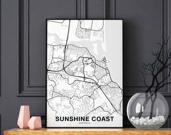 SUNSHINE COAST Australia map poster black white Hometown City Print Modern Home Decor Office Decoration Wall Art Dorm Bedroom Gift