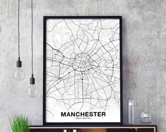 MANCHESTER Great Britain GB UK map poster black white Hometown City Print Modern Home Decor Office Decoration Wall Art Dorm Bedroom Gift