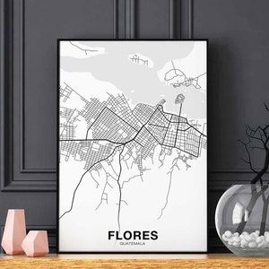 FLORES Guatemala Karte Poster schwarz weiß Heimatstadt Stadt Druck Modernes Wohndekor Büro Dekoration Wand Kunst Wohnheim Schlafzimmer Geschenk