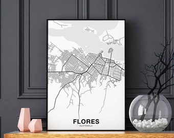 FLORES Guatemala map poster black white Hometown City Print Modern Home Decor Office Decoration Wall Art Dorm Bedroom Gift