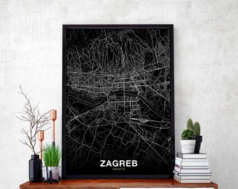 ZAGREB  Croatia map poster black white Hometown City Print Modern Home Decor Office Decoration Wall Art Dorm Bedroom Gift