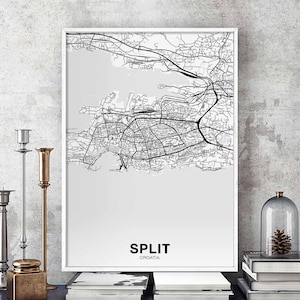 Affiche de carte de la Croatie SPLIT noir blanc ville natale ville impression moderne décor à la maison bureau décoration art mural dortoir chambre cadeau