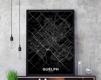 GUELPH Canada map poster black white Hometown City Print Modern Home Decor Office Decoration Wall Art Dorm Bedroom Gift