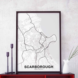 SCARBOROUGH Grande-Bretagne Royaume-Uni carte affiche noir blanc ville natale ville impression moderne décor à la maison bureau décoration mur art dortoir chambre cadeau