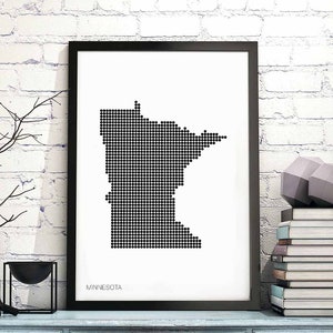 MINNESOTA EUA estado pontos mínimos retro mapa pôster preto branco decoração de parede design moderno suíço escandinavo nórdico inauguração de casa viagem