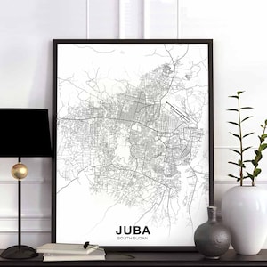JUBA Soudan du Sud carte affiche noir blanc ville natale ville impression moderne décor à la maison bureau décoration mur art dortoir chambre cadeau