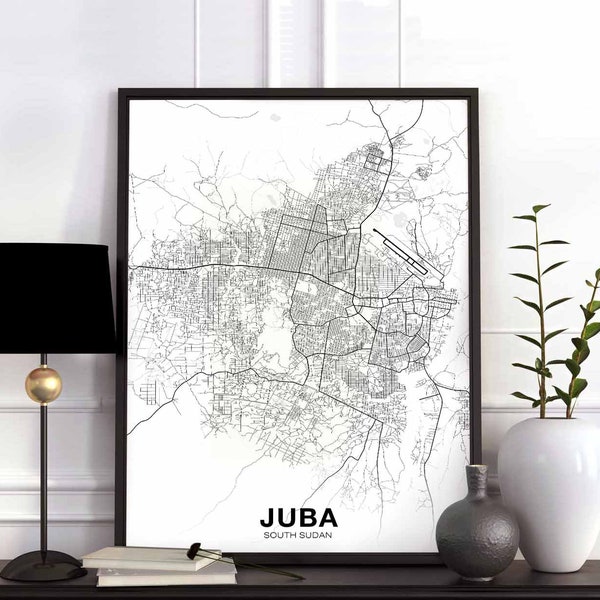 JUBA Zuid-Soedan kaart poster zwart wit Hometown City Print Modern Home Decor Office Decoratie Wall Art Dorm Slaapkamer Gift