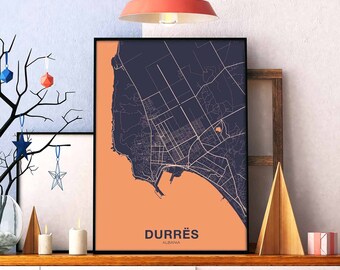 DURRES Albania map poster color Hometown City Print Modern Home Decor Office Decoration Wall Art Dorm Bedroom Gift