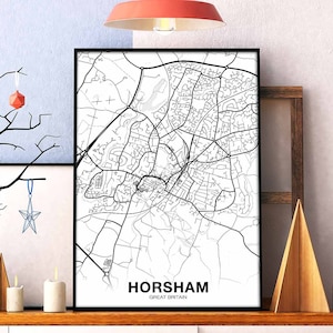 HORSHAM Grande-Bretagne Royaume-Uni carte affiche ville natale ville impression moderne décor à la maison bureau décoration mur art dortoir chambre cadeau
