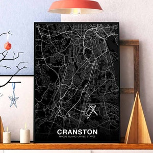 CRANSTON Rhode Island RI USA carte affiche noir blanc ville natale ville impression moderne décor à la maison bureau décoration mur art dortoir chambre cadeau