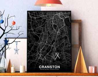 CRANSTON Rhode Island RI USA map poster black white Hometown City Print Modern Home Decor Office Decoration Wall Art Dorm Bedroom Gift