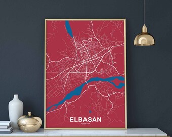 ELBASAN Albania map poster color Hometown City Print Modern Home Decor Office Decoration Wall Art Dorm Bedroom Gift