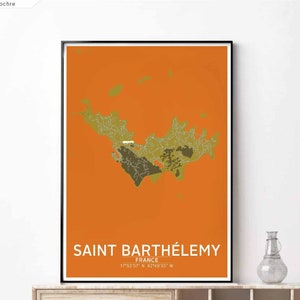 May include: A minimalist map print of Saint Barthélemy, a French island in the Caribbean Sea. The map is in shades of orange, green, and brown, with the island's coastline and roads outlined in white. The text "SAINT BARTHÉLEMY" is printed in white at the bottom of the map, along with the coordinates "17°53'57" N 62°49'55" W".