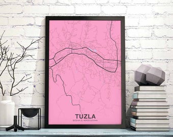 TUZLA Bosnia & Herzegovina map poster color Hometown City Print Modern Home Decor Office Decoration Wall Art Dorm Bedroom Gift
