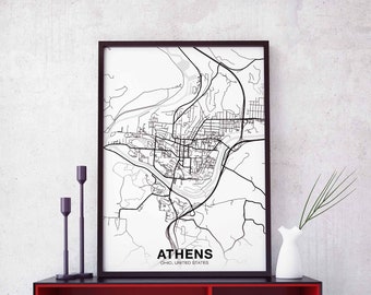 ATHENS Ohio OH US map poster black white Hometown City Print Modern Home Decor Office Decoration Wall Art Dorm Bedroom Gift