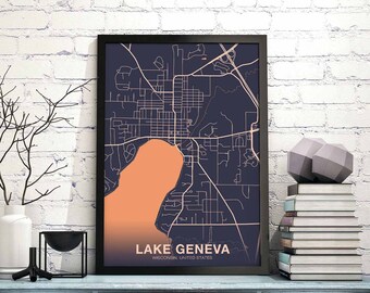 LAKE GENEVA Wisconsin WI us map poster color Hometown City Print Modern Home Decor Office Decoration Wall Art Dorm Bedroom Gift