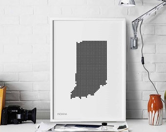 INDIANA US state minimal dots retro map poster black white wall decor design modern swiss scandinavian nordic housewarming travel