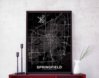 SPRINGFIELD Illinois IL USA map poster black white Hometown City Print Modern Home Decor Office Decoration Wall Art Dorm Bedroom Gift
