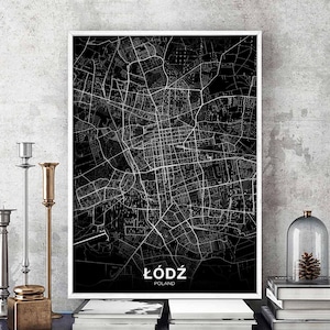 DŹ LODZ Pologne carte affiche noir blanc ville natale ville impression moderne décor à la maison bureau décoration mur art dortoir chambre cadeau