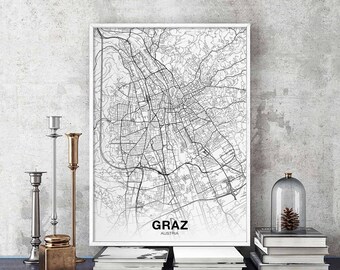 GRAZ Austria map poster black white Hometown City Print Modern Home Decor Office Decoration Wall Art Dorm Bedroom Gift