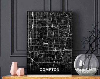 COMPTON California CA USA map poster black white Hometown City Print Modern Home Decor Office Decoration Wall Art Dorm Bedroom Gift