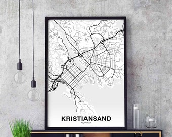 KRISTIANSAND Norway map poster black white Hometown City Print Modern Home Decor Office Decoration Wall Art Dorm Bedroom Gift
