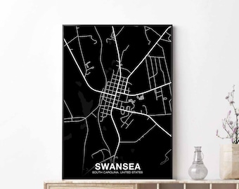 SWANSEA South Carolina USA map poster black white Hometown City Print Modern Home Decor Office Decoration Wall Art Dorm Bedroom Gift