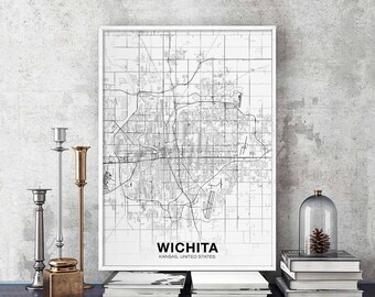 WICHITA Kansas KS USA map poster black white Hometown City Print Modern Home Decor Office Decoration Wall Art Dorm Bedroom Gift