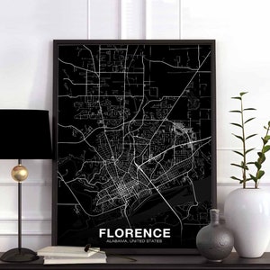 FLORENCE Alabama AL USA kaart poster zwart wit woonplaats stad print modern interieur kantoordecoratie kunst aan de muur slaapzaal slaapkamer cadeau