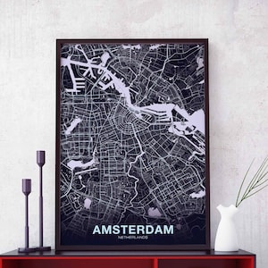 AMSTERDAM pays-bas, pays-bas, carte, affiche couleur, ville natale, ville, impression, moderne, décoration intérieure, bureau, décoration, mur, art, dortoir, chambre, cadeau