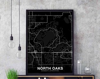NORTH OAKS Minnesota MN us map poster black white Hometown City Print Modern Home Decor Office Decoration Wall Art Dorm Bedroom Gift