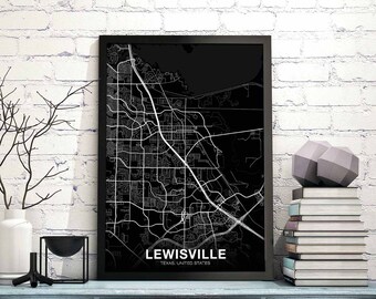 LEWISVILLE Texas TX USA map poster black white Hometown City Print Modern Home Decor Office Decoration Wall Art Dorm Bedroom Gift