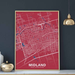MIDLAND Texas TX USA carte affiche couleur ville natale ville impression moderne décor à la maison bureau décoration mur art dortoir chambre cadeau