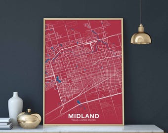 MIDLAND Texas TX USA map poster color Hometown City Print Modern Home Decor Office Decoration Wall Art Dorm Bedroom Gift