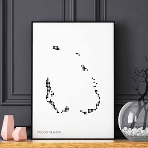 Póster retro con diseño de mapa de puntos minimalistas de las ISLAS COCOS, decoración de pared en blanco y negro, diseño moderno suizo, escandinavo, nórdico, para inauguración de la casa, viajes