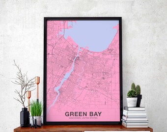 GREEN BAY Wisconsin WI us map poster color Hometown City Print Modern Home Decor Office Decoration Wall Art Dorm Bedroom Gift