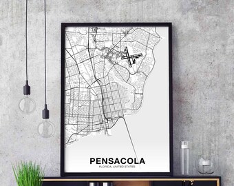 PENSACOLA Florida FL USA map poster black white Hometown City Print Modern Home Decor Office Decoration Wall Art Dorm Bedroom Gift