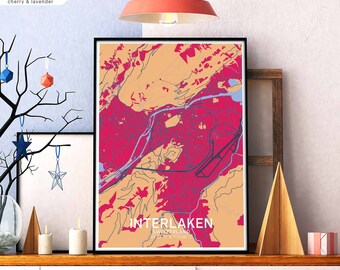 INTERLAKEN Switzerland map poster black white wall decor design modern scandinavian minimal nordic housewarming travel bedroom