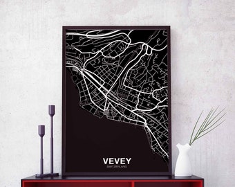 VEVEY Switzerland map poster black white Hometown City Print Modern Home Decor Office Decoration Wall Art Dorm Bedroom Gift